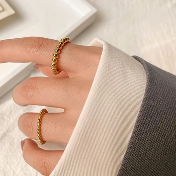 Ins Fashion Solid Beaded Ring Водоустойчив Бижута От Титанов Стомана С 18 Карата Позлатен Метален Кълбо Daily Stacker Ring за Жени