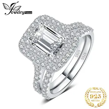 JewelryPalace 925 сребро Halo Годежен пръстен Годежен пръстен Комплект за жени 2.9 ct Emerald кройката AAAAA CZ бижутата