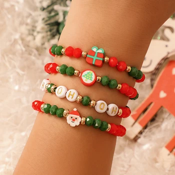 Salircon Бохемска 4шт Червено-зелени кристални мъниста, гривни от мъниста, trend гривна на Дядо Коледа от мека глина, женски Коледна украса