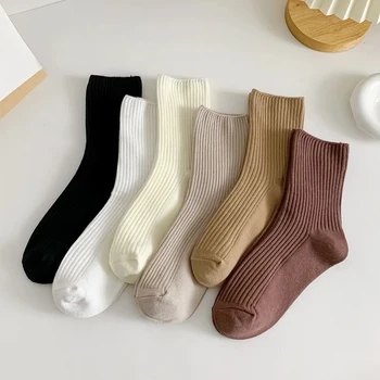 1 чифт чорапи със средна дължина, пролет-есен, мода обикновена ежедневните си меки чорапи Crew, Черни, бели, дишащи трикотажни Свободни дълги чорапи