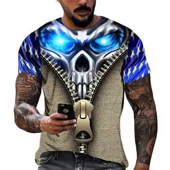 2023 Мъжка тениска с черепа, 3D-принтом, мъжки и дамски универсална тениска с кръгло деколте, извънгабаритни ретро топ с къс ръкав, DJ плат