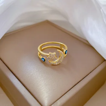 2023 Нови Турски пръстени с цирконии от Уроки За жени Винтажного Златен цвят Звездата на Луната Двуслойни Регулируеми Отвори пръстени Бижута