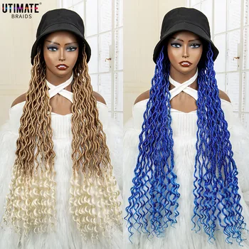 30 инча Синьо-розово цветни синтетични перука-шапка с вълнообразни коси за черни жени, по-дълги широка периферия шапка, перука сплетен
