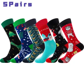 5 двойки есенно-зимни мъжки чорапи със средна дължина, с участието на Дядо коледа-Лосове, модни памучни чорапи с коледен елемент, двойка
