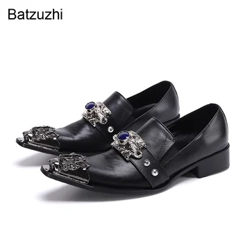 Batzuzhi/ Мъжки Официални Модела обувки са Ръчна изработка от естествена кожа, Черна Официална Бизнес Обувки Iron Head, Мъжки Кожени Zapatos Hombre!