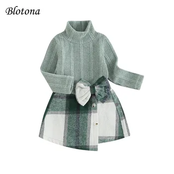 Blotona/ Комплект Дрехи от 2 теми за Малките Момичета, Мек Пуловер с висока воротом и Клетчатая Пола Копчета, Комплект Пролетно-есенни дрехи за 6 месеца-4 години