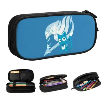 Fairy Tail молив случай Happy Blue Cat за момичета и момчета с голям капацитет с шарките на Аниме, кутия за писалки, чанта за ученически пособия