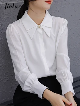 Jielur/ Нова френска однотонная Тънка женска риза с дълги ръкави, проста основна шифоновая риза, женски бял ден за ден Без Ефектен топ, жена