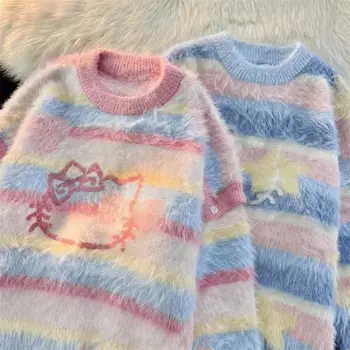 Kawai Санрио Аниме Hello Kitty Пуловер от акрилни влакна Сладък cartoony Топъл Душ-Плюшено вязаный пуловер с кръгло деколте за момичета