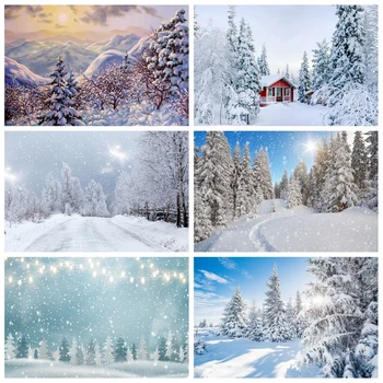 Laeacco Зимни Акварел Природен пейзаж Сняг Планини Дървета Коледен фон на Рожден Ден Снимков Фон за снимки