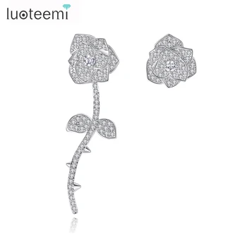 LUOTEEMI/ Нови елегантни обеци-карамфил асиметрична форма, във формата на цвете, обеци-на карамфил с фин покритие от прозрачно фианита за момичета, коледен подарък