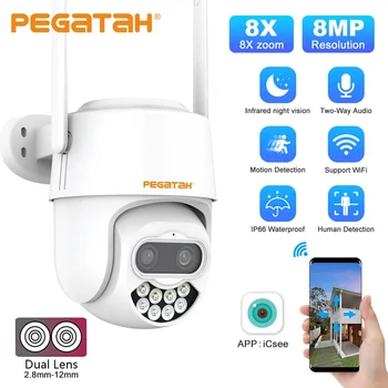 PEGATAH 8MP 4K Двухобъективная WIFI PTZ IP 8-кратно Хибриден Увеличение на Външния Изкуствен Интелект Откриване на Тялото на Аудио за Видеонаблюдение IP Камера за Нощно Виждане Цветна
