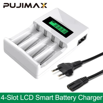 PUJIMAX 4 Слота Интелигентно Зарядно Устройство с LCD Дисплей САЩ/ЕС/обединено Кралство Щекер За AAA/AA Ni-MH/Ni-Cd Акумулаторни Батерии С Кабел Ac
