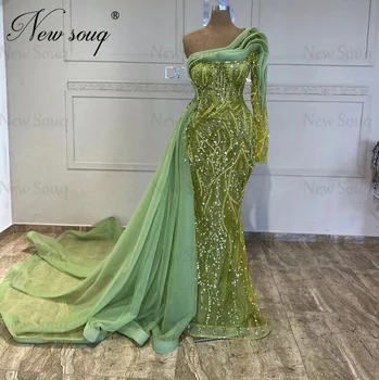 Robes De Soiree Зелено сватбена рокля с пайети с едно рамо, рокля за бала в Дубай, рокля на Русалка с дълги странично влак, вечерни рокли от мъниста