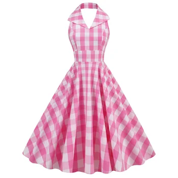 SISHION Cotton Секси облегалката срещу врата синьо, розово каре рокли VD4174 повод подколоть люлка линия на 50-те години на 60-те години на Реколта рокля