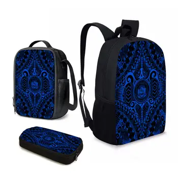 YIKELUO Модни синя удобна чанта за почивка с полинезийским принтом, тийнейджърката чанта за лаптоп, 3 бр., подаръци в училище за деца, утепленная чанта за обяд