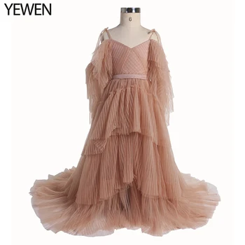 Вечерна рокля за момичета с V-образно деколте, плиссированное принцеса рокля от мек тюл за момичета в цветенце, рокли за фотосесии YEWEN