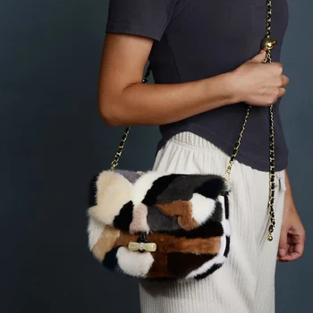 Висококачествена сламена чанта от кожа на норка, нова дамска чанта през рамо, модерна чанта на верига, по-голямата голям чанта през рамо, с висококачествена чанта за партита на китката