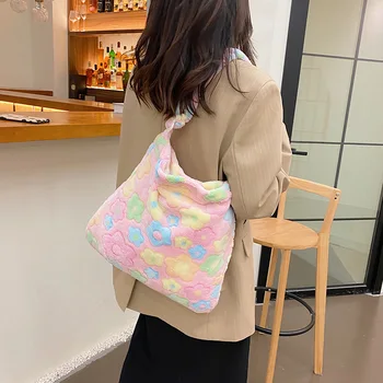 Голям голям плюшен чанта-тоут за жени, в есенно-зимната мода пригородная плюшен чанта през рамо, карнавальная пролетно цвете чанта подарък