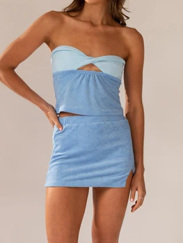 Дамски летни комплекти дрехи от 2 теми, върховете в контрастен цвят без ръкави + синя мини-пола с цепка, костюми Yogo