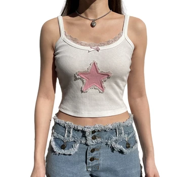 Дамски тениски с квадратни деколтета, обтягивающий камизола с шарени звезди, основни ризи без ръкави, блузи N7YF