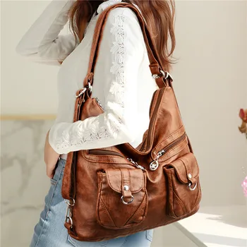 Дамски чанта от изкуствена кожа, дамски чанта през рамо, голям чанта-месинджър с две отделения и няколко джоба, с дълга каишка