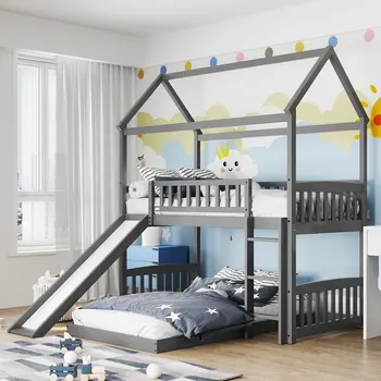 Двойно легло от масивно дърво сиво с две чекмеджета, идеална за детска стая