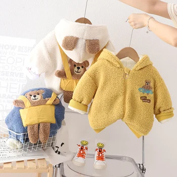 Детска утепленная връхни дрехи, есенно-зимна детска топло яке, Детски руното на горно облекло с дълги ръкави с анимационни герои, ежедневното палто за бебета от 1 до 5 години