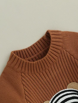 Детски вязаный гащеризон с дълъг ръкав и кръгло деколте, вязаное боди с бродерия заек, пуловер, зимни дрехи за бебета