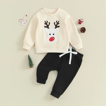 Детски дрехи Listenwind от 2 теми, hoody с бродерия Коледен елен за деца, комплект панталони с завязками, детски брючные костюми