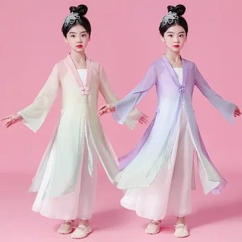 Детски дрехи за класически танци, елегантен чар на тялото, облекло за тренировки, рокля за китайски танци с веерами, газова облекло,