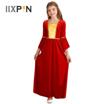 Детски костюм за cosplay на Хелоуин за момичета Средновековна Винтажное принцеса рокля с квадратна деколте и дълъг расклешенным ръкав С висока талия и по-Дълга рокля