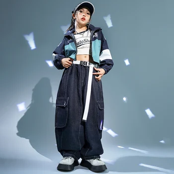 Детски облекла в стил хип-хоп, укороченная яке с качулка, ежедневни панталони-карго с лампа на каишка за момичета и момчета, джаз танц костюм, тийнейджърката облекло Kpop