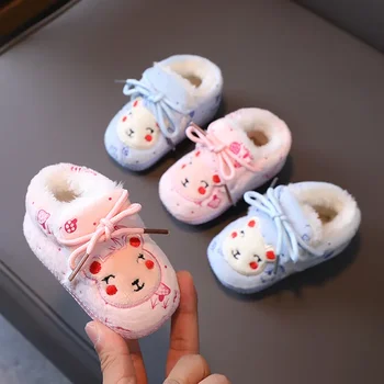 Детски обувки за пеша от 0 до 1 година, плюшен Скъпа мультяшная детски малка обувки, памучни обувки дантела, която децата не могат да