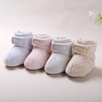 Детски памучен обувките през есента и зимата 0-1 години, обувки подметка от дебела кристална кадифе на ивици за новородено, мека подметка