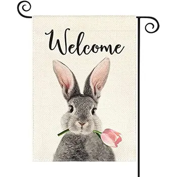 Добре Дошли, Градински флаг със заек, двустранен, през пролетта на Великден Бъни, Лале, Празнична Украса на двора, на открито