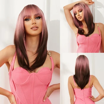 Дълги многослойни директни синтетични перуки Омбре Розово-кафява коса за cosplay Естествена перука с бретон за дамски партита и при висока температура