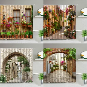 Европейската Селска Градски уличен пейзаж, 3D-печат, завеса за душ, душ за баня, водоустойчив полиестер, с начало декор с куки
