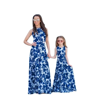 Еднакви комплекти за семейство, дълга рокля за майки и дъщери, летни сини рокли без ръкави, за майки, за деца, момичета, облекло за сватбеното парти