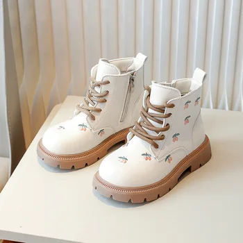 Ежедневни къси ботуши за момичета 2023, есен-зима, Новата модерна детска кожа обувки, детски тънки обувки подметка с страничния цип J100