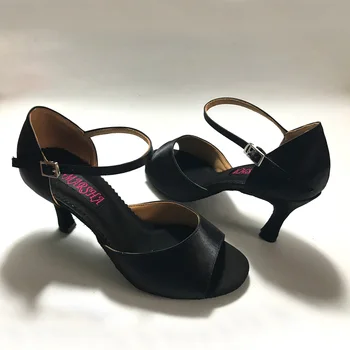 Елегантни Обувки за латино танци на ток 7,5 см За жените, обувки за салса, практически обувки, удобни обувки за латино танци MS6205BL на нисък ток в наличност