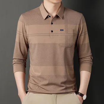 Есенна тениска-поло с дълъг ръкав 2023 година, Корейската раирана тениска-поло с джоб на гърба, Марка дизайнерски ежедневни мъжки дрехи
