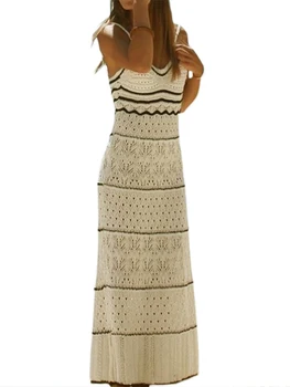 Жена вязаное рокля без ръкави в контрастен цвят, лятна вечерна рокля за спагети презрамки с V-образно деколте, плажна градинска облекло