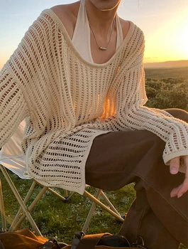 Жена случайни тънък прозрачен свободен пуловер, дамски пуловер с дълъг ръкав, слънцезащитен празничен уличен жилетка, тениска