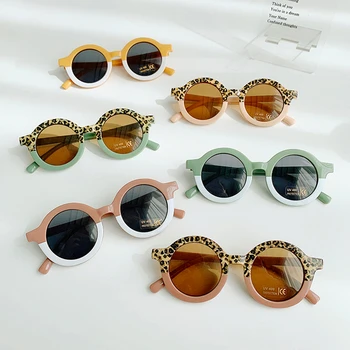 За момчета и момичета, Леопардовые два цвята слънчеви очила в скъп кръгла рамка, детски vintage слънчеви очила с защита от UV400, Класически очила