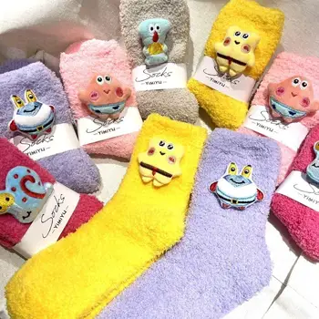 Зимни чорапи до средата на прасците от аниме, мультяшные Гъба Боб, двойка Kawai, топли дебели домашни чорапи от картун Patrick Stars, подарък за рожден ден