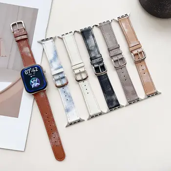 Каишка за часовник от естествена телешка кожа, 40 мм 41 мм за iwatch8 7 6 5 SE Бяло-син порцеланов каишка 42 мм 44 мм 45 мм за Apple Watch