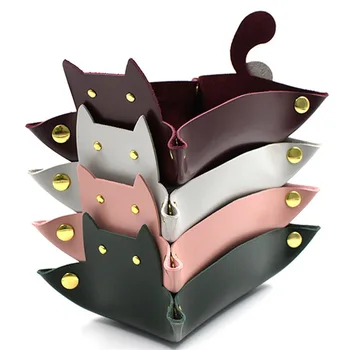 Кожена тава във формата на хубава котка, кутия за съхранение на кубчета, Настолна ковчег за монети, калъф за съхранение на козметика, тава за ключа, Сгъваем тава за дома си САМ