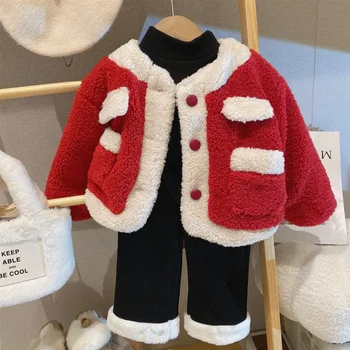 Коледа с червено палто за момичета 2023, нови зимни детски плюшен однобортная топло яке с кръгло деколте и утолщением, на живо сладък тенденция връхни дрехи