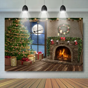 Коледен фон за снимки прозорци с Луната, Летящ Дядо Коледа, Детски портрет, Зимна подпори за камина, Венец, банер, фото студио